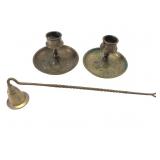 India Etched Brass Candlesticks and Snuffer Set