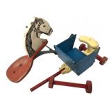 Vintage Painted Wood Horse and Cart Pull Toy