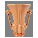 McCoy Peach Glazed Ribbed Double Handle Vase, 9'