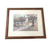 Framed Watercolor Landscape with Barn and Silo