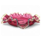 Vintage cranberry glass dish with clear ruffled ed
