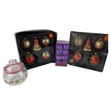 Holiday Ornament Lot with Candy Cane Glass Jar