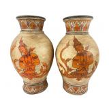 Thai Hand-Painted Earthenware Thepanom Vases, Pr.