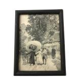 VTG Framed Black and White Genre Scene Print