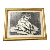 Nan Plauche Signed Lithograph, Girl Tying Shoes