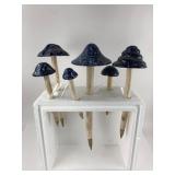 Set of 6 Blue Glazed Ceramic Mushroom Garden Stake