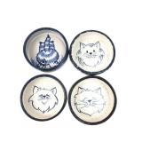 Signed studio pottery bowls with cat designs Set o