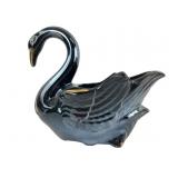 Black Glazed Ceramic Swan Planter with Gold Trim