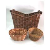 Group of Three Woven Wicker and Wood Baskets