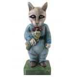 Handcarved Folk Art Wooden Cat with Fish