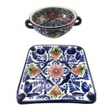 Mexican Talavera Handled Bowl & Square Dish