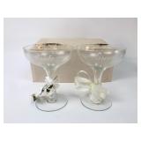 Pair of Etched Glass Bride and Groom Toasting Coup
