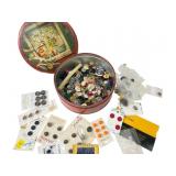 VTG Assorted Buttons & Christmas Tin, 8" dia.