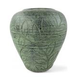 Large Green Incised Leaf Ceramic Vase