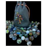 Beaded Leather Pouch & 72 Glass Marbles