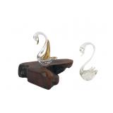 Pr. Glass Swan Figurines, Wood Base, 4" L
