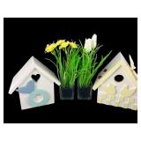 Pr. Decorative Birdhouses & Artificial Potted Plan
