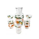 VTG Orange & Leaf Glass Pitcher & 5 Glasses