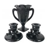 Black Amethyst Glass Vase and Candlestick Set