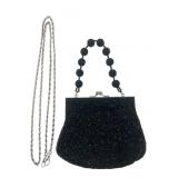 Beaded Black Evening Purse with Silver Chain