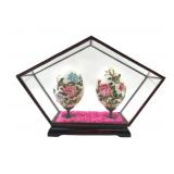 Pair of Hand-Painted Porcelain Eggs in Glass Case