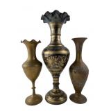 Set of 3 Hand-Etched Solid Brass Vases, India