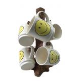 Hand-Painted Smiley Face Ceramic Mugs, Set of 6