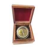 Brass Gimbaled Compass in Inlaid Wooden Box