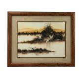 F. Massa Signed Landscape Print with Swans