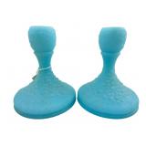 Fenton Glass Blue Satin Poppy Candle Holders, Pr.