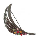 VTG Feather Shaped Gunmetal Brooch with Rhinestone