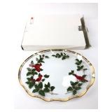 Lefton Glass Cardinal and Holly Platter