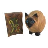 Hand-Painted Wooden Cat Figurine and Plaque