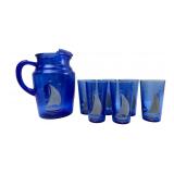 VTG Hazel Atlas Cobalt Blue Sailboat Pitcher Set