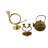 Vintage Brass Bugle Candlestick, Swan Pair, and Te