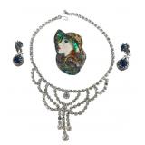 Vintage Rhinestone Necklace, Earrings, and Brooch