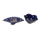 Japanese Cobalt Blue Porcelain Peacock Bowl & Dish