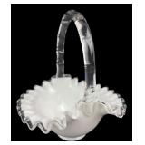 Fenton Style Milk Glass Basket with Silver Crest