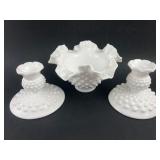Fenton Style Milk Glass Hobnail Bowl and Pair of C
