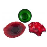 Hoosier Glass Green Ribbed Bowl and Red Glass Set