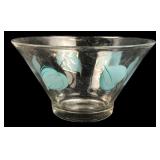 Hand-Painted Glass Bowl with Blue Leaf Motif