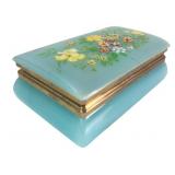 Vintage Blue Milk Glass Floral Trinket Box