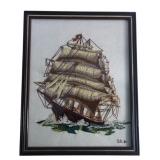 S.B. Signed Nautical Clipper Ship Embroidery