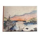 Coastal Harbor Scene Colored Pencil and Ink Drawin