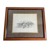 Pencil Drawing of Fishing Boats in Harbor