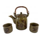 Stoneware Teapot and Cup Set with Wheat Motif