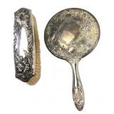 Quadruple Plate Silver Vanity Mirror and Brush Set