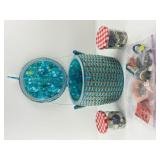 Vintage Woven Vinyl and Wood Sewing Basket