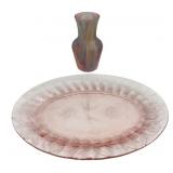 Pink Depression Glass Platter and Art Glass Vase