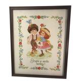 Vintage Framed Embroidered Artwork Share a Smile